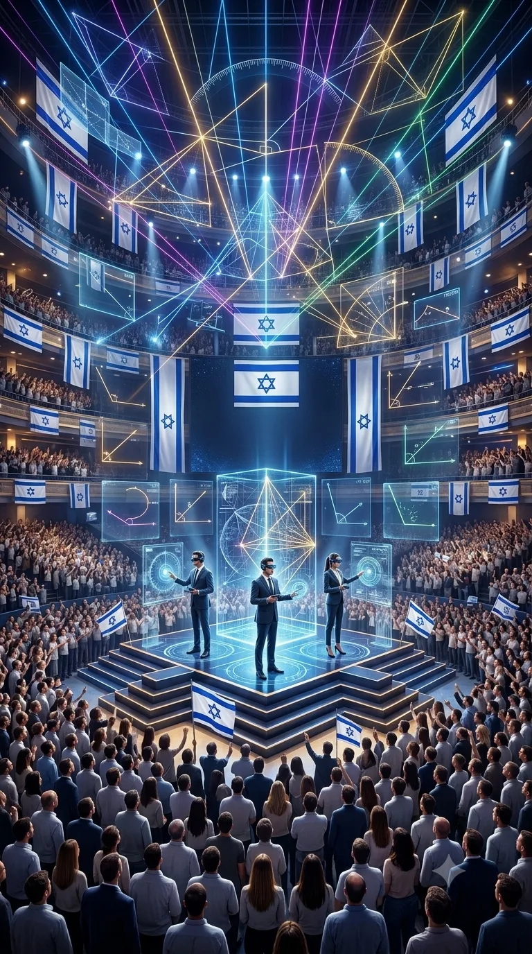 זירת אירועים עטורת דגלי ישראל: קרני לייזר גאומטריות, לוחות שרטוט זוהרים ומנחים על במה מול קהל